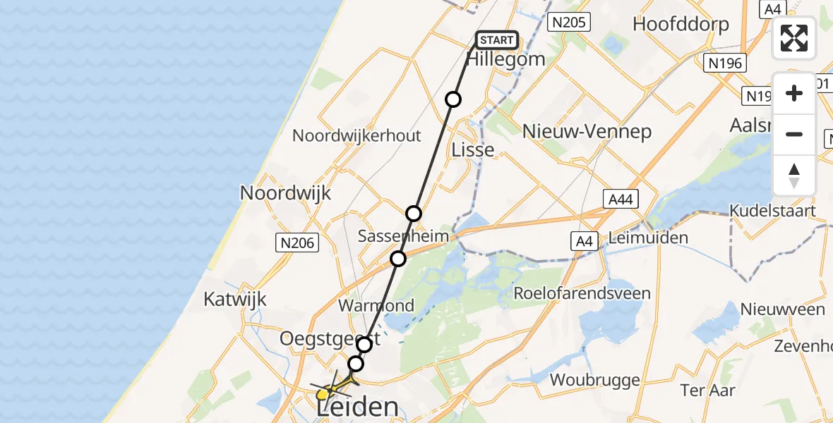 Routekaart van de vlucht: Lifeliner 1 naar Leiden, 3e Loosterweg