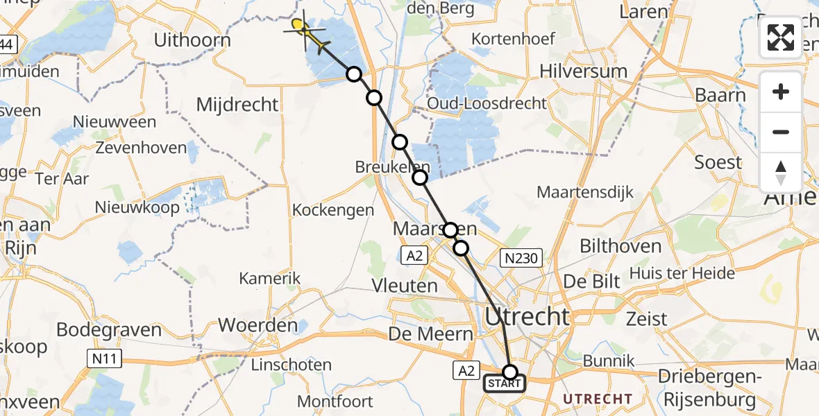 Routekaart van de vlucht: Politiehelikopter naar Abcoude, Graadt van Roggenweg