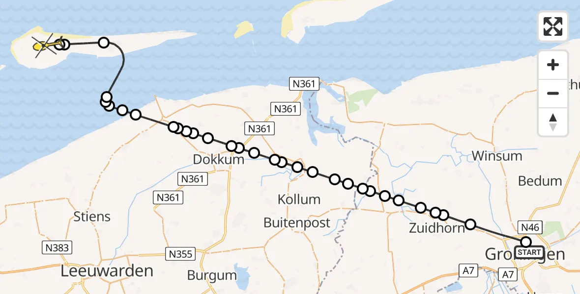 Routekaart van de vlucht: Ambulanceheli naar Ameland Airport Ballum, Oosterhamrikkade