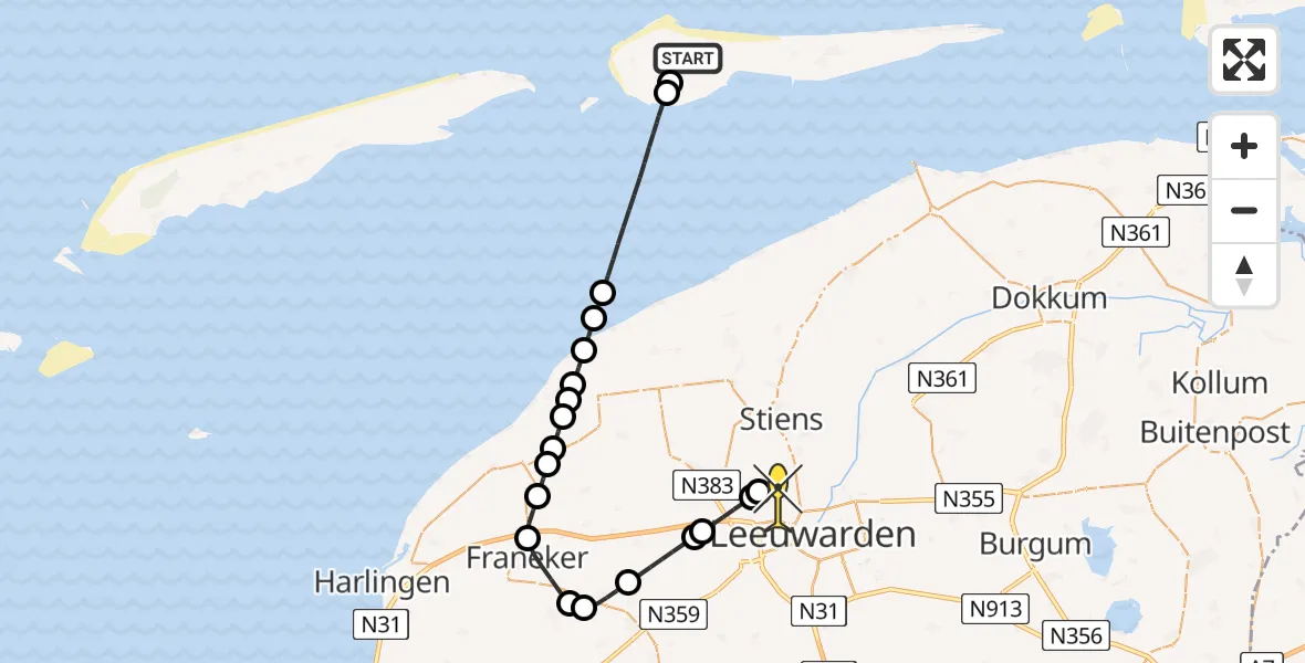 Routekaart van de vlucht: Ambulancehelikopter naar Vliegbasis Leeuwarden, Galgeslootpad