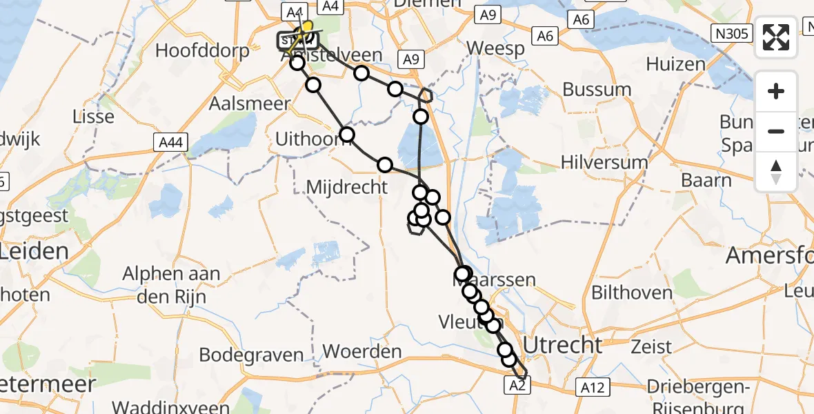 Routekaart van de vlucht: Politieheli naar Schiphol, Amsterdam-Bataviaweg