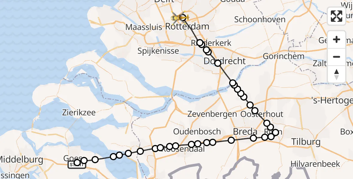 Vluchtroute Traumahelikopter Goes - Rotterdam The Hague Airport, 07 juli 2025, 00:03