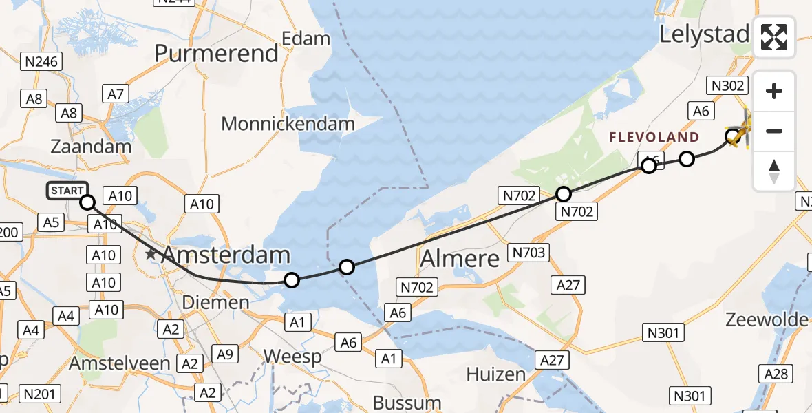 Vluchtroute Traumahelikopter Amsterdam Heliport - Lelystad Airport, 07 juli 2025, 08:58