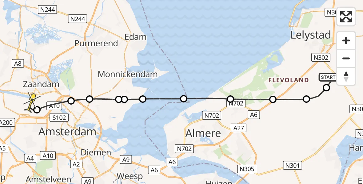 Routekaart van de vlucht: Lifeliner 1 naar Amsterdam Heliport, Roadrunnerweg