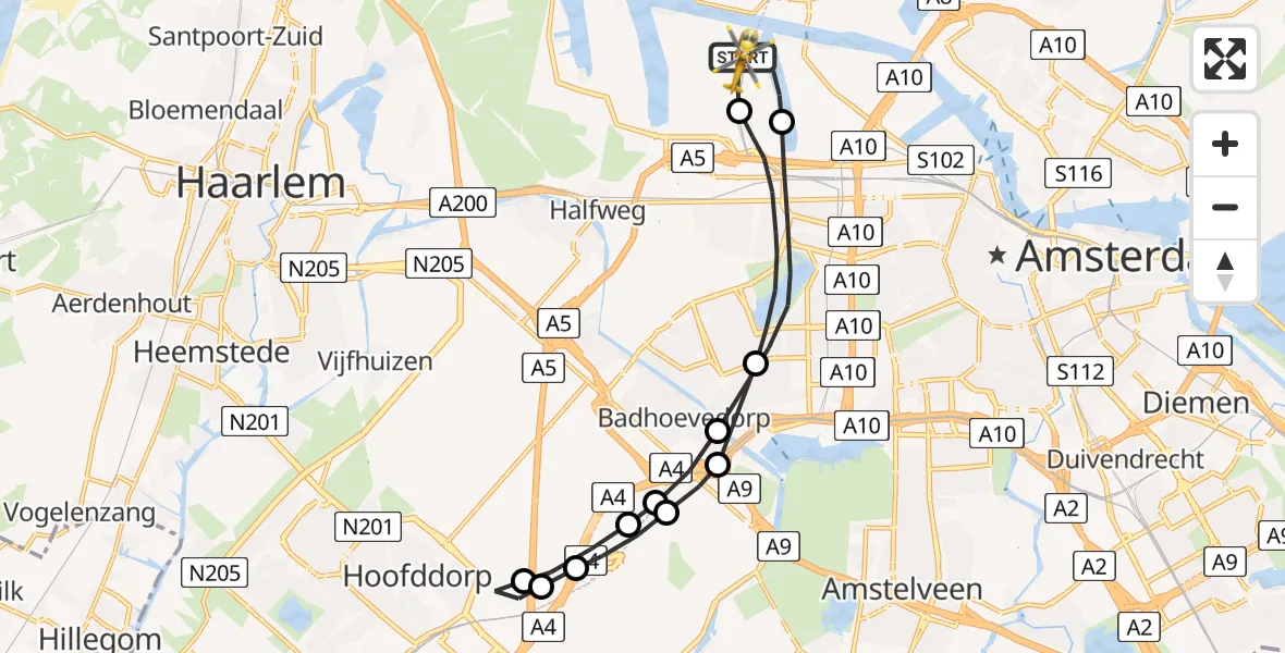 Vluchtroute Traumahelikopter Amsterdam Heliport - Amsterdam Heliport, 07 juli 2025, 14:32