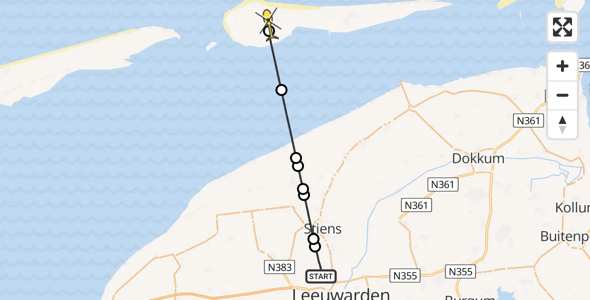 Routekaart van de vlucht: Ambulanceheli naar Ameland Airport Ballum, Keegsdijkje