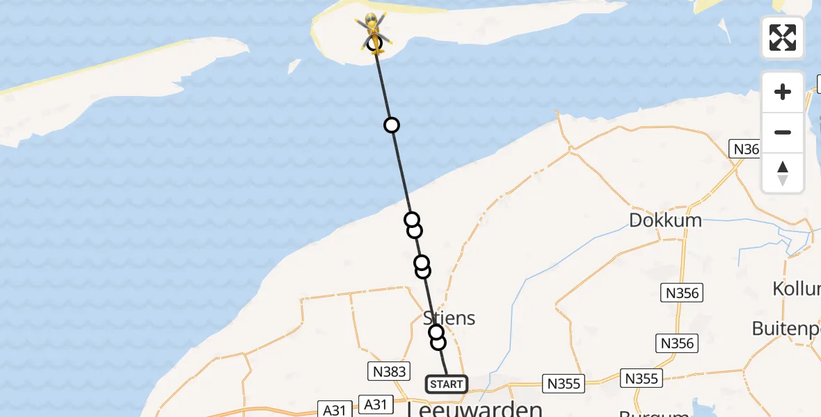 Vluchtroute Ambulancehelikopter Vliegbasis Leeuwarden - Ameland Airport Ballum, 07 juli 2025, 15:30