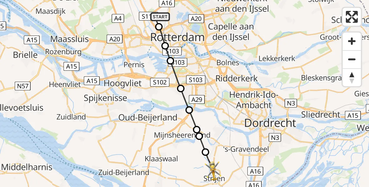Vluchtroute Traumahelikopter Rotterdam The Hague Airport - Strijen, 07 juli 2025, 17:59
