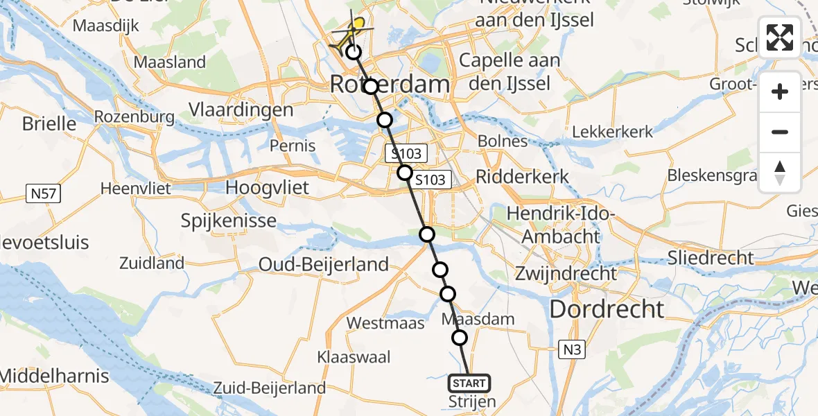 Routekaart van de vlucht: Lifeliner 2 naar Rotterdam The Hague Airport, Keizersdijk