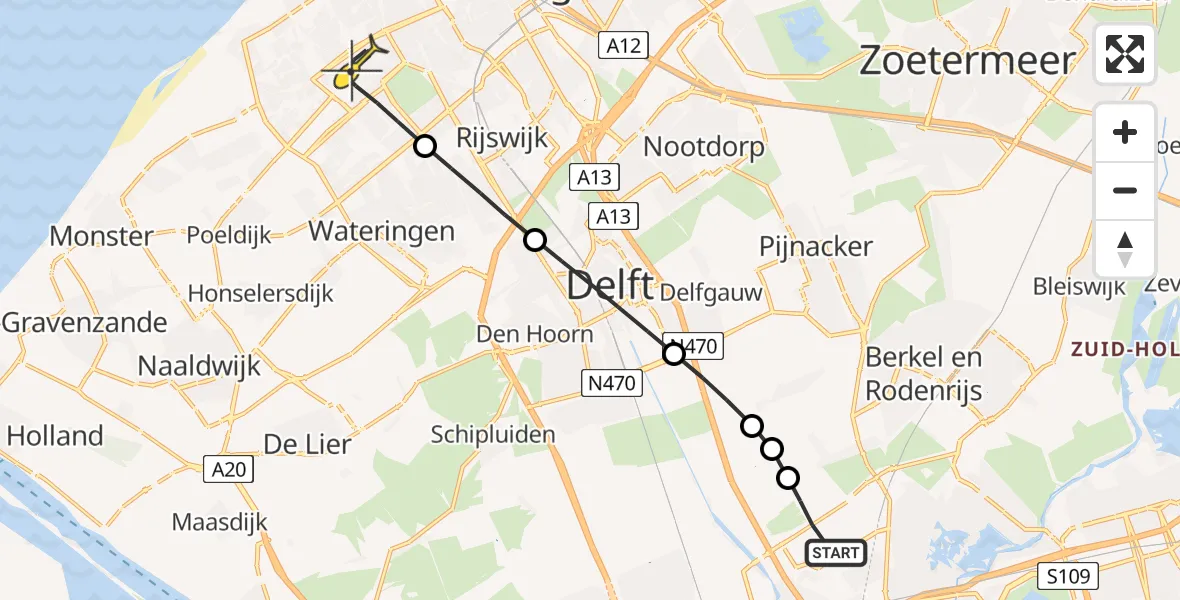 Routekaart van de vlucht: Lifeliner 2 naar Den Haag, Schieveense polder
