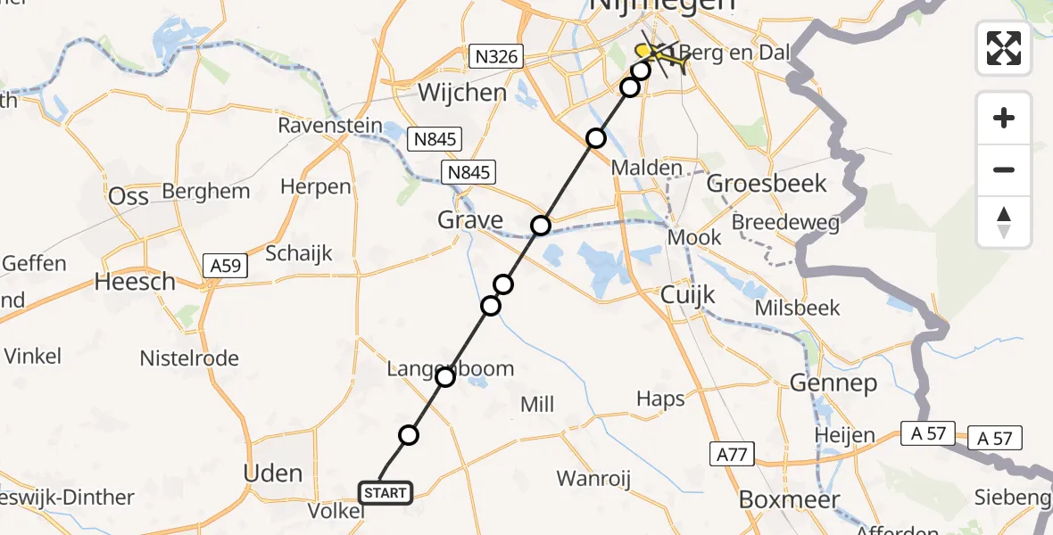 Routekaart van de vlucht: Lifeliner 3 naar Radboud Universitair Medisch Centrum, Zeelandsedijk