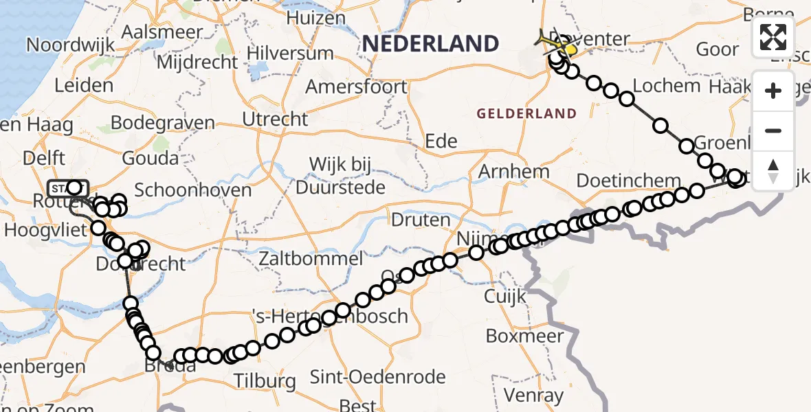 Routekaart van de vlucht: Politieheli naar Vliegveld Teuge, Woensdrechtstraat