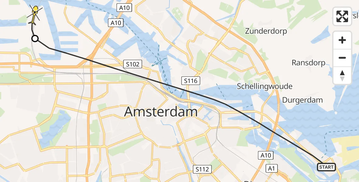 Routekaart van de vlucht: Lifeliner 1 naar Amsterdam Heliport, Oeverzeggestraat