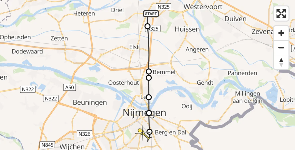 Routekaart van de vlucht: Lifeliner 3 naar Radboud Universitair Medisch Centrum, Baakhovenstraat