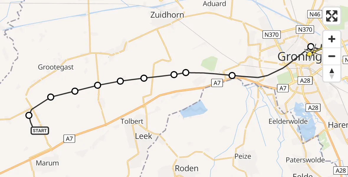Routekaart van de vlucht: Lifeliner 4 naar Universitair Medisch Centrum Groningen, De Wit's Reed