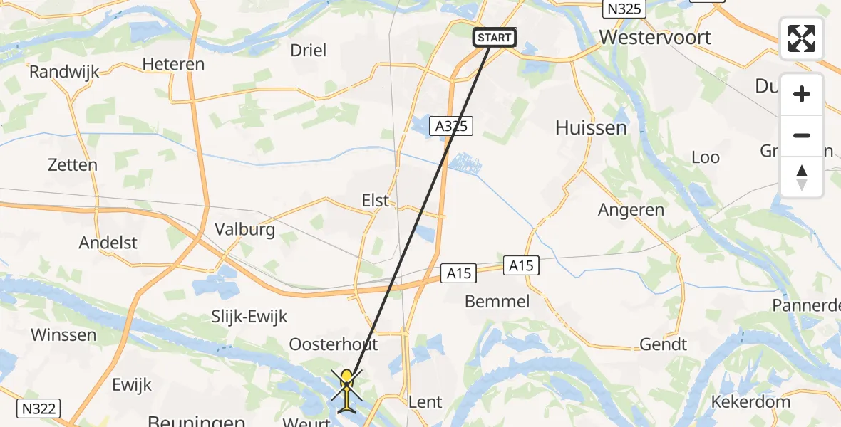 Routekaart van de vlucht: Lifeliner 3 naar Nijmegen, Haven Oosterhout