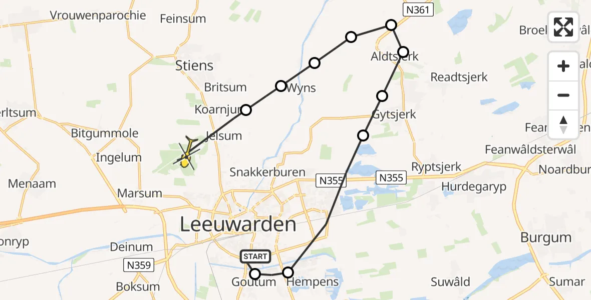 Routekaart van de vlucht: Ambulancehelikopter naar Vliegbasis Leeuwarden, Griene Daam