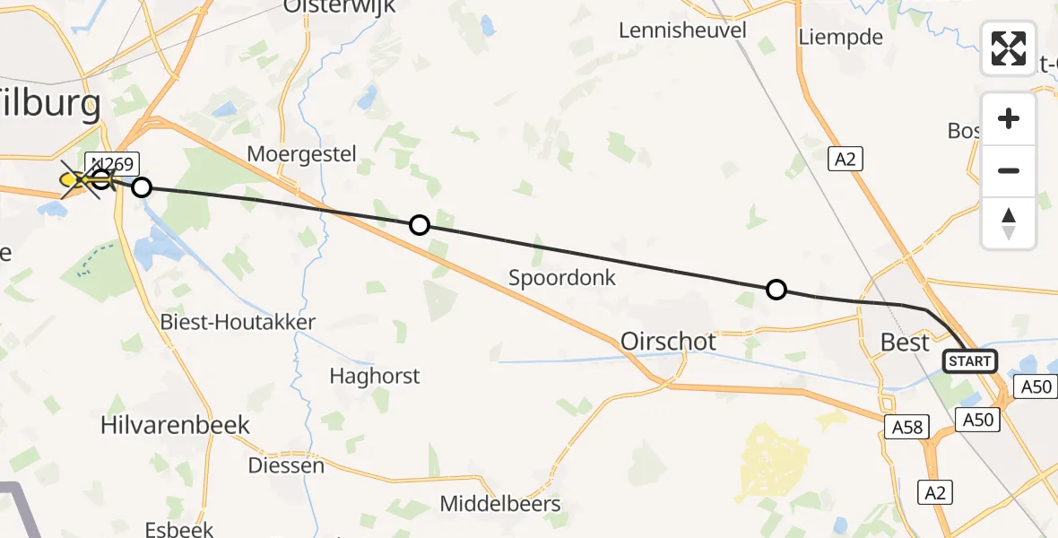 Routekaart van de vlucht: Lifeliner 3 naar Tilburg, Dr. H. Mollerstraat