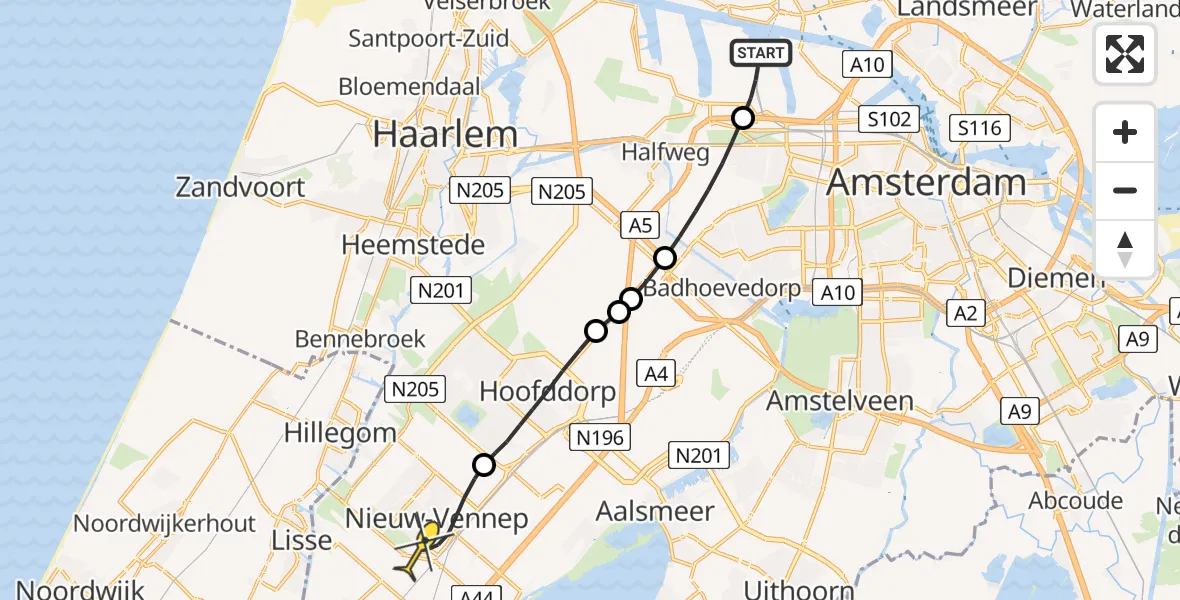 Routekaart van de vlucht: Lifeliner 1 naar Nieuw-Vennep, Nieuw-Zeelandweg