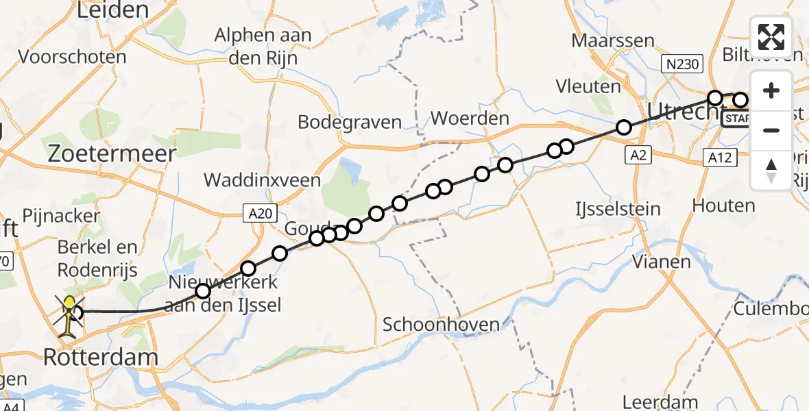 Routekaart van de vlucht: Lifeliner 2 naar Rotterdam The Hague Airport, UMC Ambulancetunnel