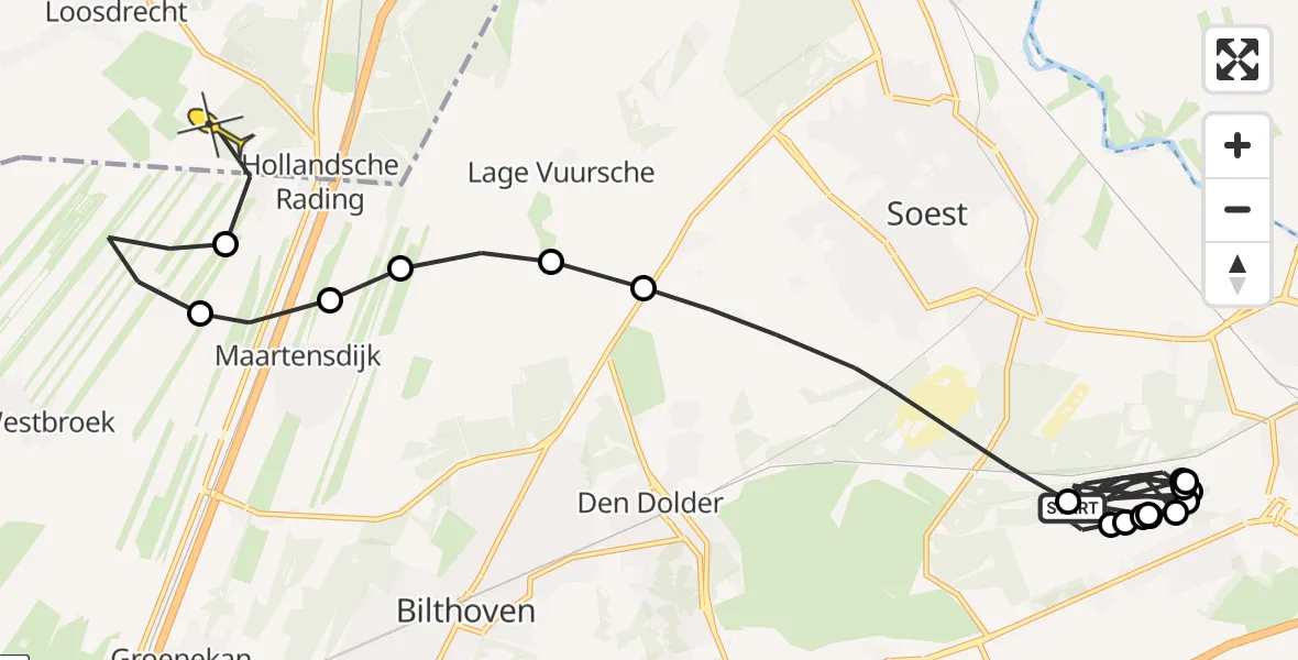 Routekaart van de vlucht: Politiehelikopter naar Vliegveld Hilversum, Soesterbergsestraat