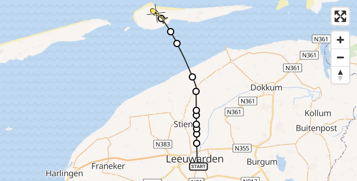 Routekaart van de vlucht: Ambulancehelikopter naar Ameland Airport Ballum, Ossekop