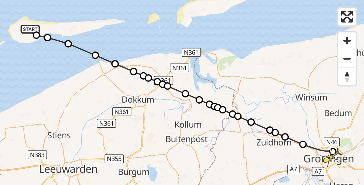 Routekaart van de vlucht: Ambulanceheli naar Universitair Medisch Centrum Groningen, Jelmeraweg