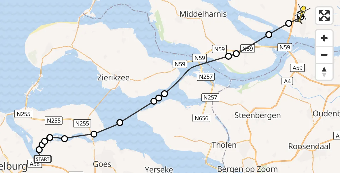 Routekaart van de vlucht: Kustwachthelikopter naar Vliegveld Numansdorp, Schenge