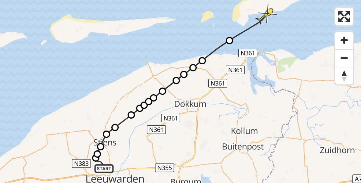 Routekaart van de vlucht: Ambulancehelikopter naar Schiermonnikoog, Keegsdijkje