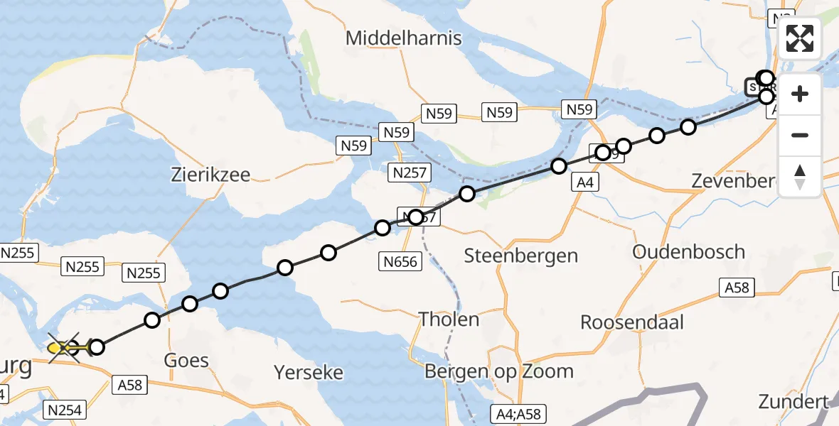 Routekaart van de vlucht: Kustwachthelikopter naar Vliegveld Midden-Zeeland, Rijksstraatweg