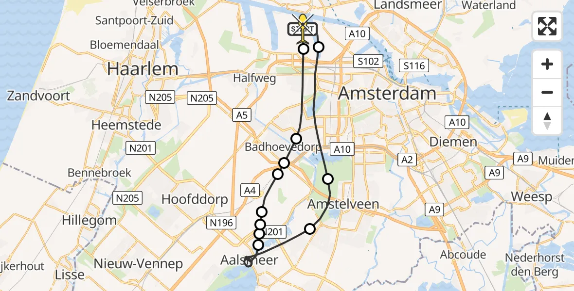 Routekaart van de vlucht: Lifeliner 1 naar Amsterdam Heliport, Kompasweg