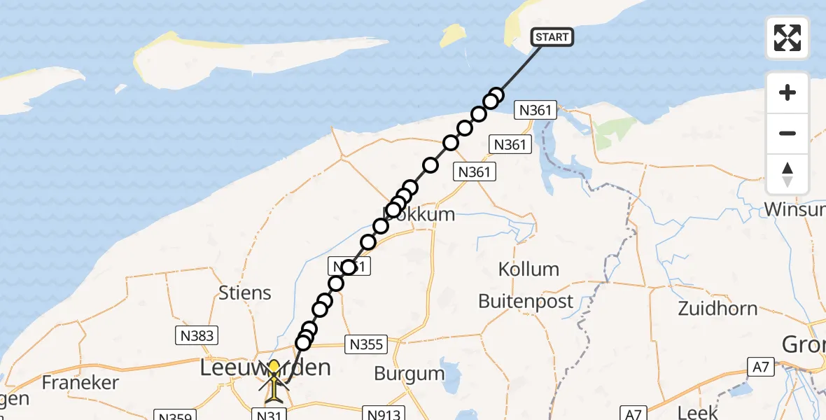 Routekaart van de vlucht: Ambulancehelikopter naar Leeuwarden, Piebe