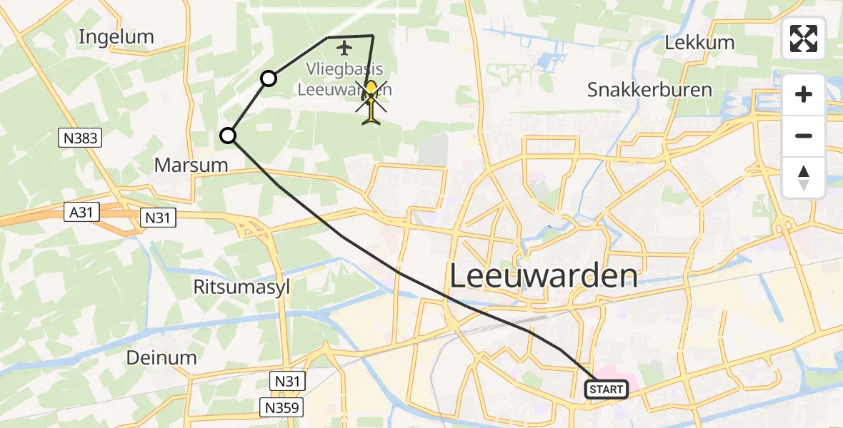 Routekaart van de vlucht: Ambulanceheli naar Vliegbasis Leeuwarden, Hollanderhof