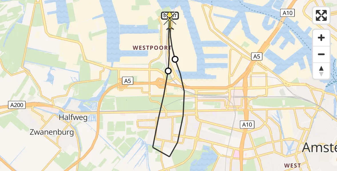 Routekaart van de vlucht: Lifeliner 1 naar Amsterdam Heliport, Corsicaweg
