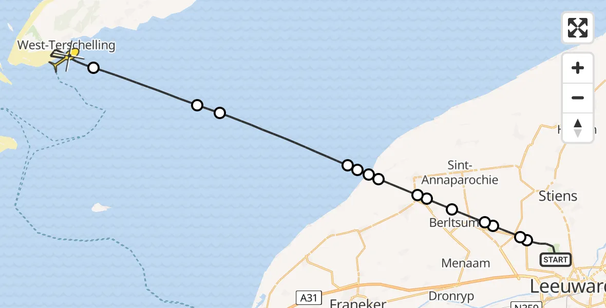 Routekaart van de vlucht: Ambulancehelikopter naar West-Terschelling, Keegsdijkje
