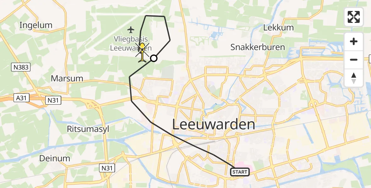 Routekaart van de vlucht: Ambulanceheli naar Vliegbasis Leeuwarden, Ruysdaelstraat