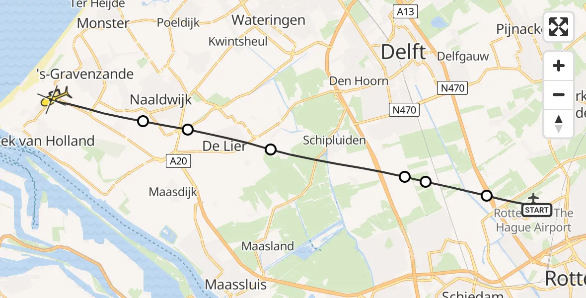 Routekaart van de vlucht: Lifeliner 2 naar 's-Gravenzande, Maasdijk