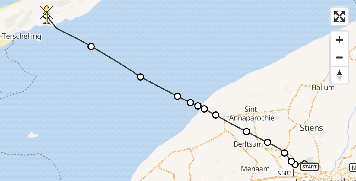 Routekaart van de vlucht: Ambulancehelikopter naar Midsland, Keegsdijkje
