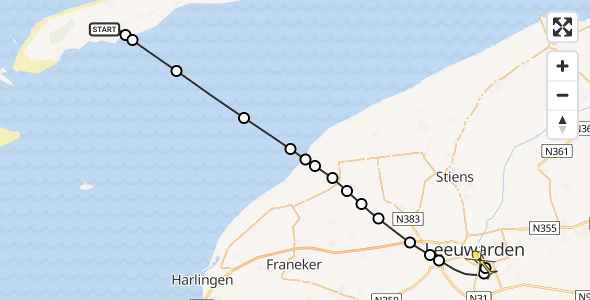 Routekaart van de vlucht: Ambulancehelikopter naar Leeuwarden, Noord Midslandweg