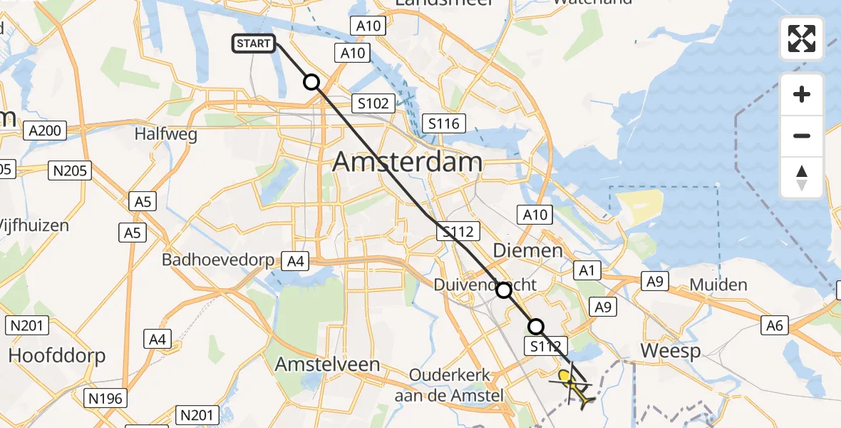 Routekaart van de vlucht: Lifeliner 1 naar Amsterdam, Westhavenweg