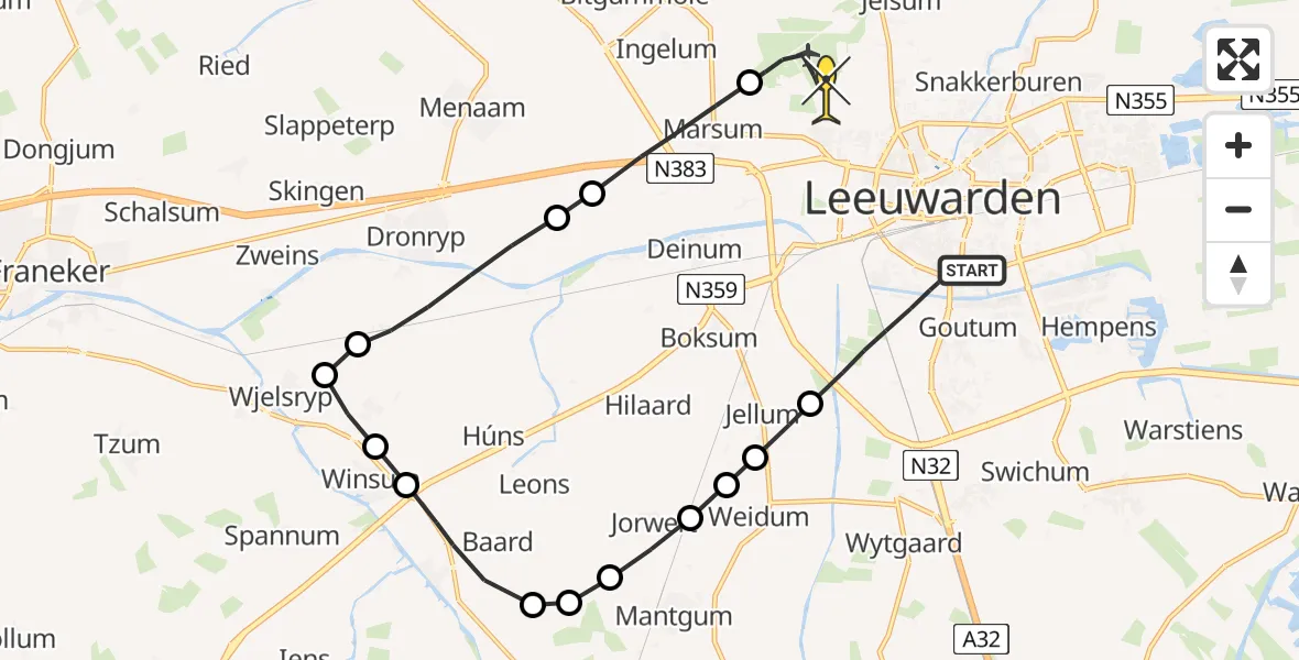 Routekaart van de vlucht: Ambulancehelikopter naar Vliegbasis Leeuwarden, Nijlânsdyk