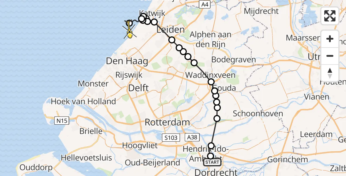 Routekaart van de vlucht: Politiehelikopter naar Wassenaar, Onderdijkse Rijweg