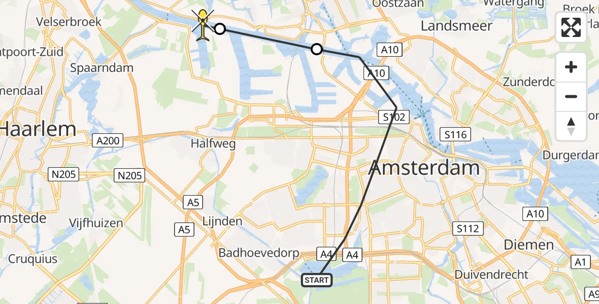 Routekaart van de vlucht: Politiehelikopter naar Amsterdam, Ringweg-West