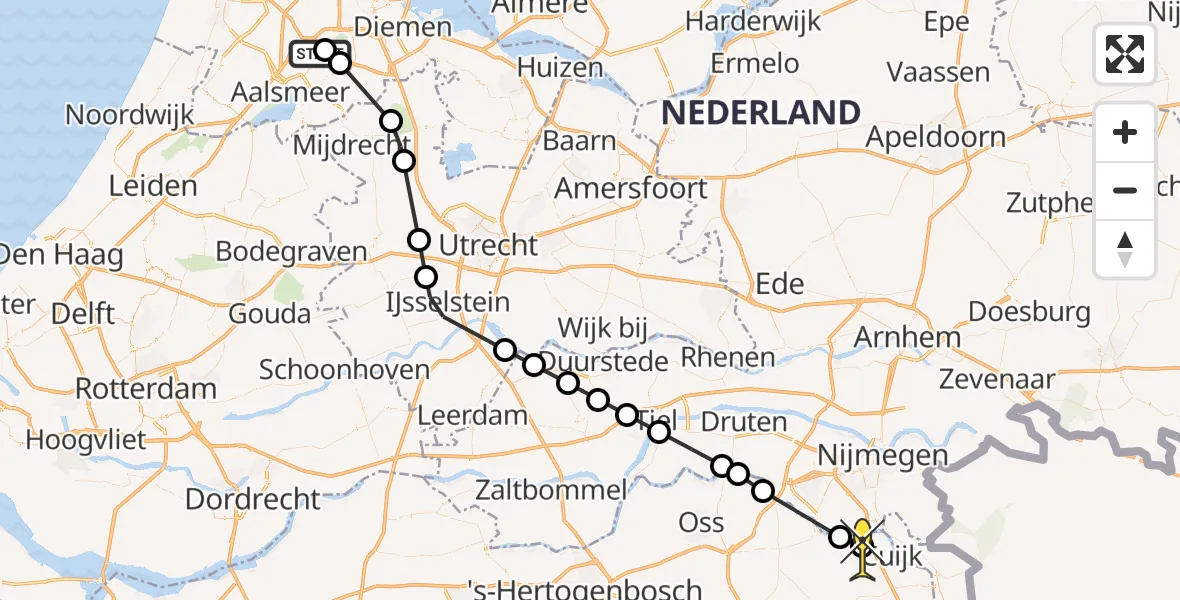 Routekaart van de vlucht: Politiehelikopter naar Beers NB, Nieuwemeerdijk