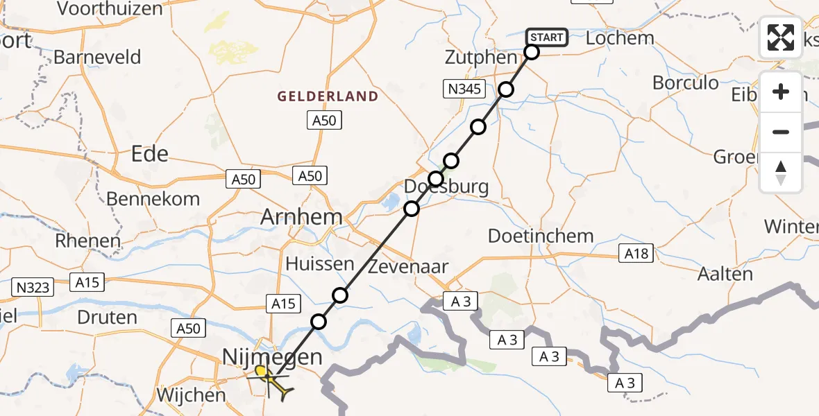 Routekaart van de vlucht: Lifeliner 3 naar Radboud Universitair Medisch Centrum, Whemerweg