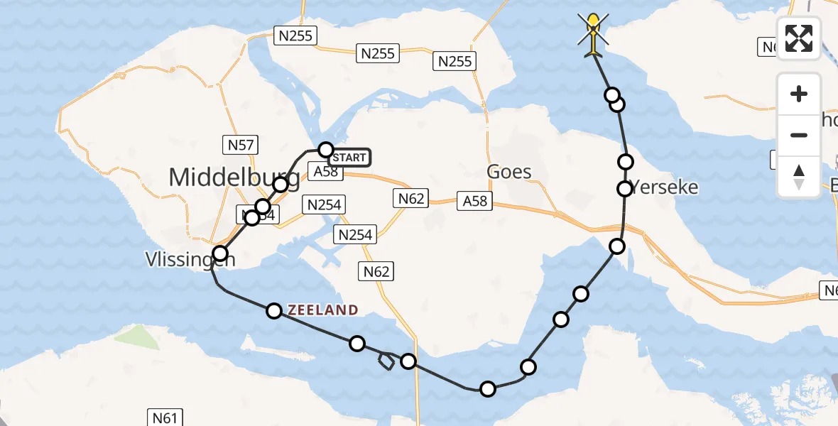 Routekaart van de vlucht: Politiehelikopter naar Stavenisse, Bastiaan de Langeplaatweg