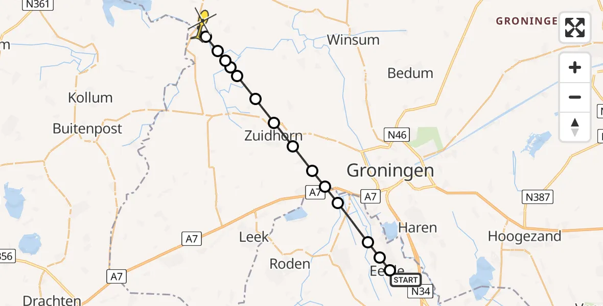 Routekaart van de vlucht: Lifeliner 4 naar Zoutkamp, Schultenweg