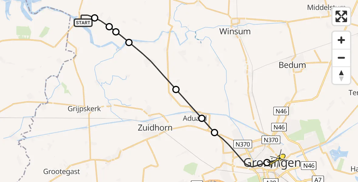 Routekaart van de vlucht: Lifeliner 4 naar Universitair Medisch Centrum Groningen, Beatrixstraat