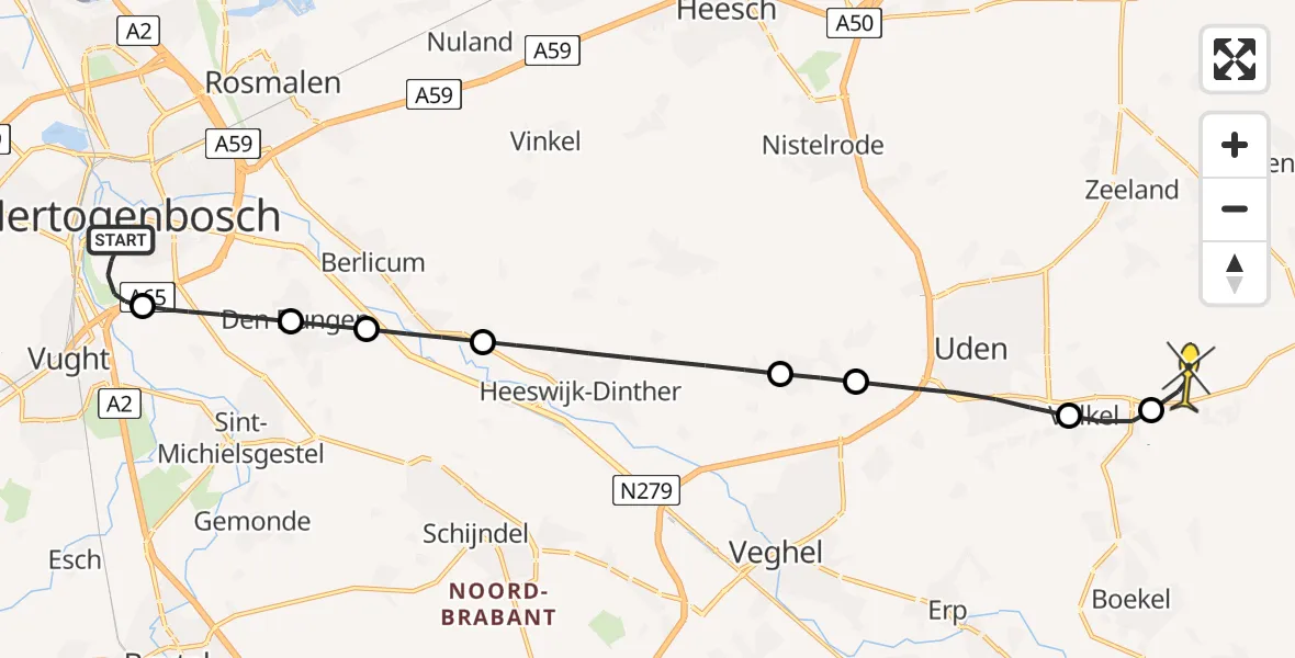 Routekaart van de vlucht: Lifeliner 3 naar Vliegbasis Volkel, Het Bossche Broek
