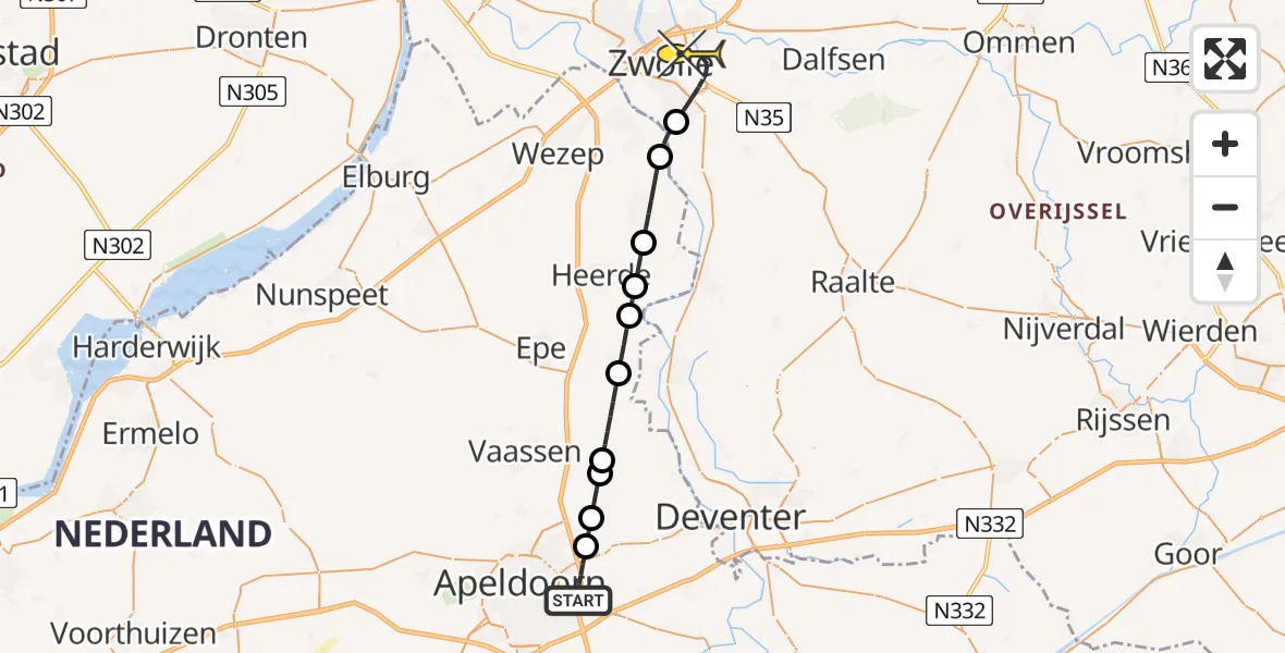 Routekaart van de vlucht: Lifeliner 3 naar Zwolle, Zuiderhoogte